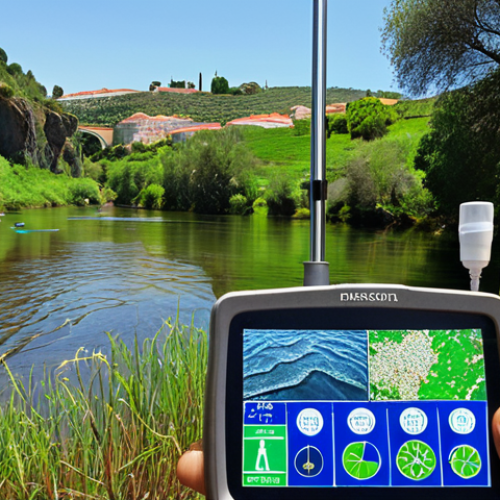 Home 18 Smart Sensors and Water Quality**
> Smart sensors in a river, detecting pollutants in real-time, lush green background, water samples being analyzed, alert signal displayed on a nearby screen, Portugal.
**