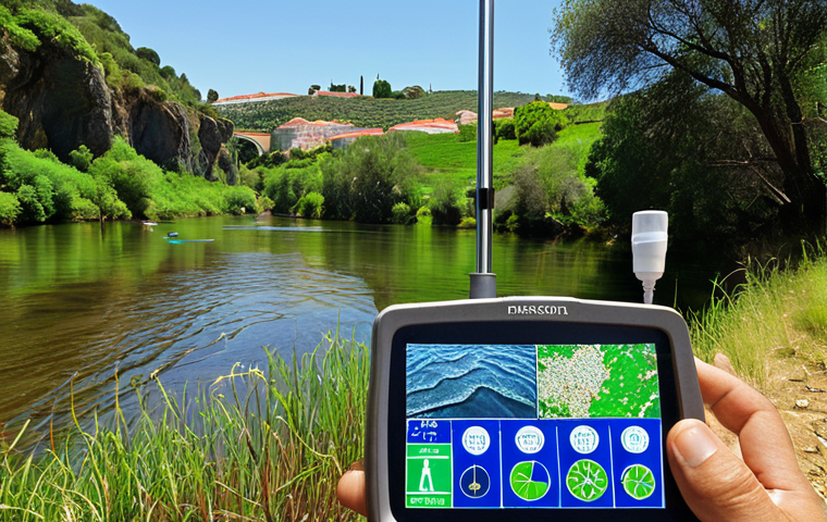 Smart Sensors and Water Quality**
> Smart sensors in a river, detecting pollutants in real-time, lush green background, water samples being analyzed, alert signal displayed on a nearby screen, Portugal.
**