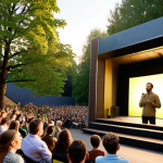 An environmental educator on a stage, engaging with a diverse audience. Subtle, warm light rays extend from the speaker, illuminating individual faces in the audience, symbolizing understanding and shared connection. The background subtly blends modern architectural elements with lush, green natural motifs, hinting at sustainability efforts in a European city. The atmosphere is warm, inviting, and empathetic.