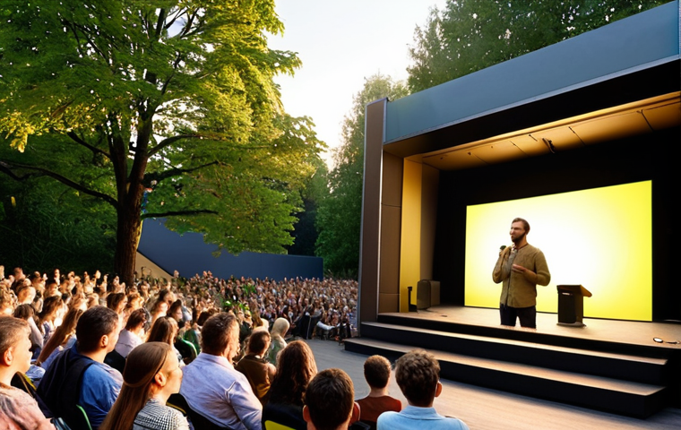 An environmental educator on a stage, engaging with a diverse audience. Subtle, warm light rays extend from the speaker, illuminating individual faces in the audience, symbolizing understanding and shared connection. The background subtly blends modern architectural elements with lush, green natural motifs, hinting at sustainability efforts in a European city. The atmosphere is warm, inviting, and empathetic.
