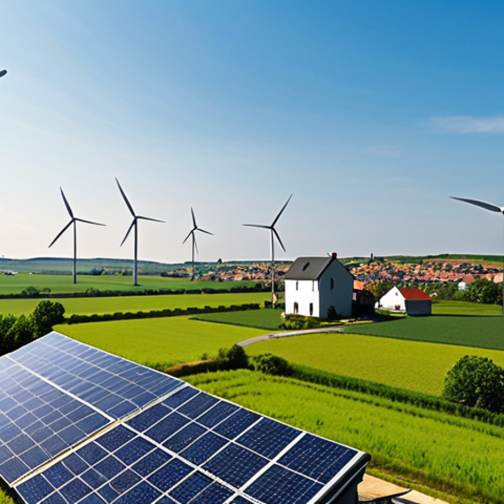 A vibrant, modern European landscape showcasing a blend of renewable energy integration. In the foreground, numerous residential rooftops are adorned with sleek solar panels, while in the midground, graceful wind turbines dominate a sprawling green field, harnessing the wind under a clear, bright sky. The scene conveys a sense of progress, clean energy, and a harmonious transition to a sustainable future.