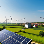 A vibrant, modern European landscape showcasing a blend of renewable energy integration. In the foreground, numerous residential rooftops are adorned with sleek solar panels, while in the midground, graceful wind turbines dominate a sprawling green field, harnessing the wind under a clear, bright sky. The scene conveys a sense of progress, clean energy, and a harmonious transition to a sustainable future.
