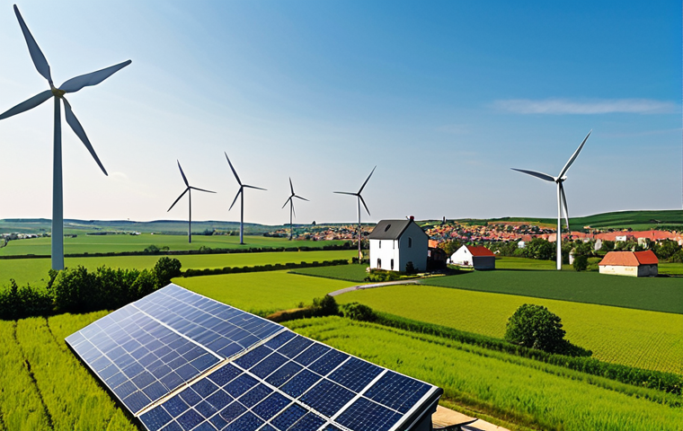 A vibrant, modern European landscape showcasing a blend of renewable energy integration. In the foreground, numerous residential rooftops are adorned with sleek solar panels, while in the midground, graceful wind turbines dominate a sprawling green field, harnessing the wind under a clear, bright sky. The scene conveys a sense of progress, clean energy, and a harmonious transition to a sustainable future.