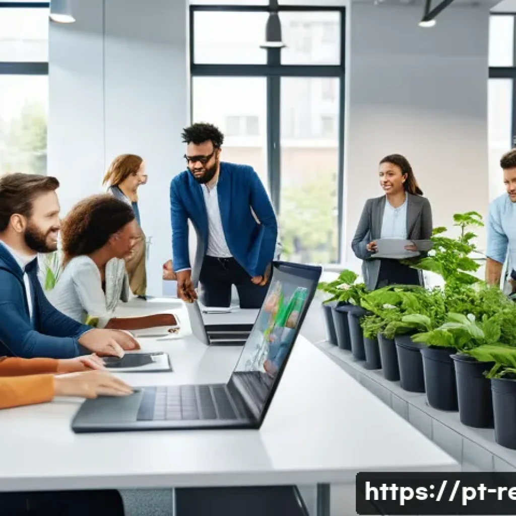 생태환경 직무 면접 예상 질문 - A modern corporate office environment with diverse professionals engaged in a sustainability worksho...