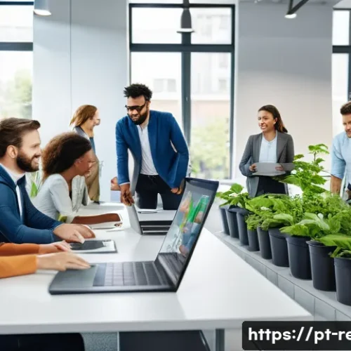 Home 14 생태환경 직무 면접 예상 질문 - A modern corporate office environment with diverse professionals engaged in a sustainability worksho...