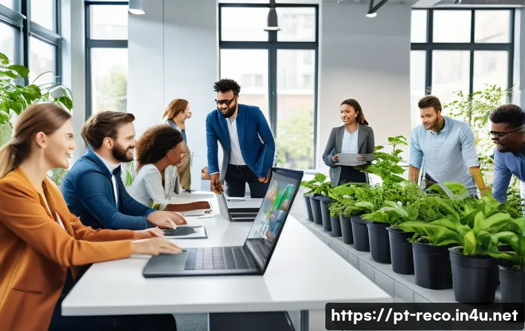 생태환경 직무 면접 예상 질문 - A modern corporate office environment with diverse professionals engaged in a sustainability worksho...