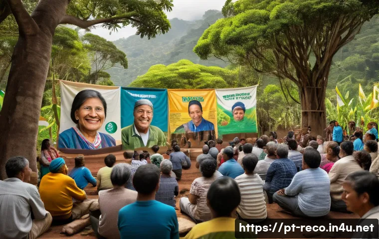 생태환경 정책 제안서 작성법 - A vibrant community meeting in a Brazilian rural village focused on environmental protection, featur...