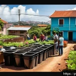 Home 23 생태환경 공모전 참여 가이드 - A vibrant urban community garden scene in Brazil during a sunny day, featuring diverse people of all...