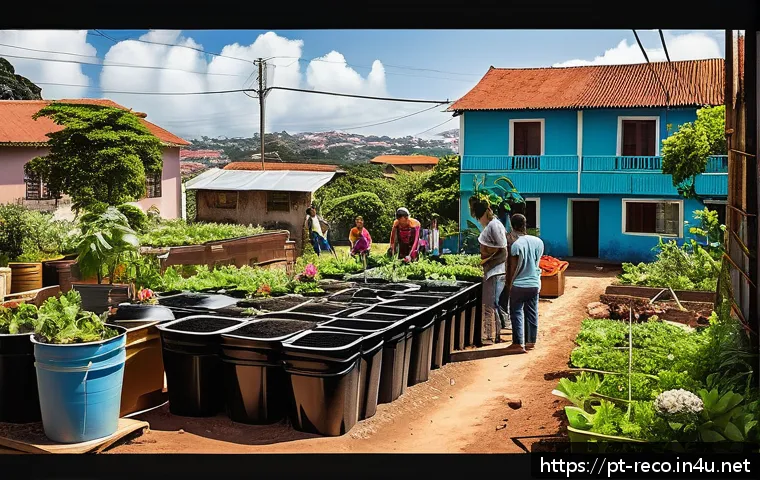 생태환경 공모전 참여 가이드 - A vibrant urban community garden scene in Brazil during a sunny day, featuring diverse people of all...
