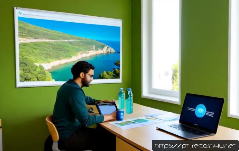 생태환경 국제 학술대회 발표 준비 - Photorealistic environmental science researcher in a modern university office in Lisbon, Portugal, p...